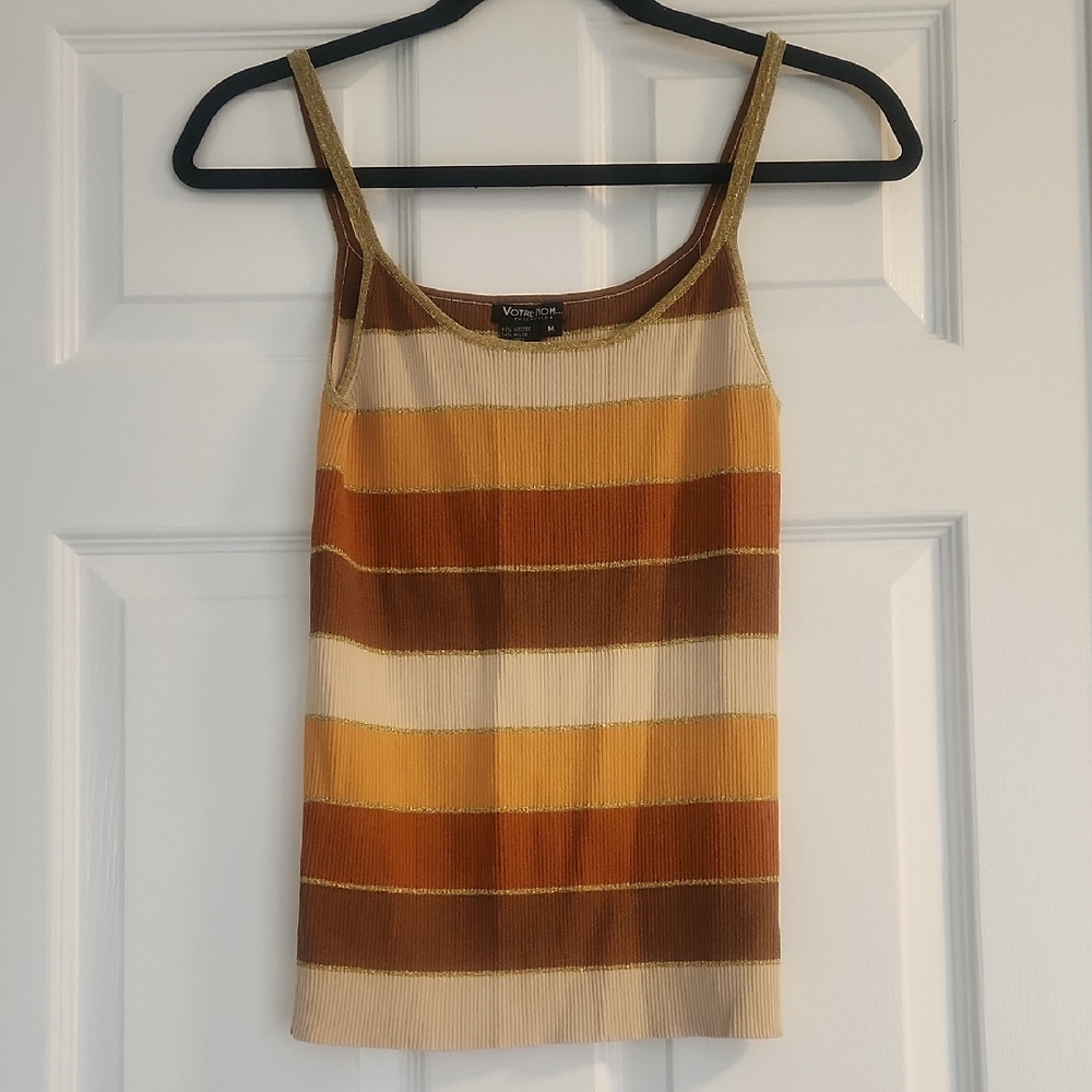 VINTAGE Vero Moda Knit Striped Gold-Trim Tank Top - Cream, Mustard & Brown
